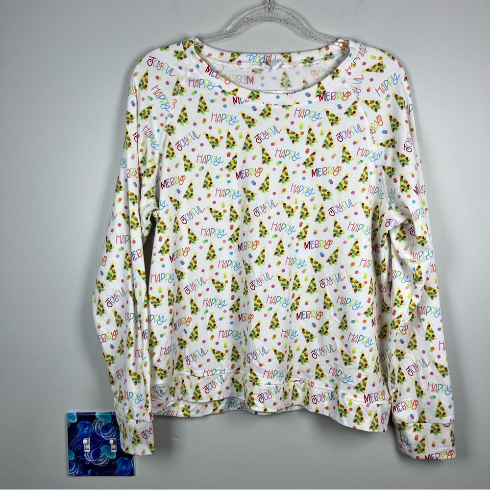 Mary Square White Christmas Tree Happy Long Sleeve Pajama Casual Top Small
